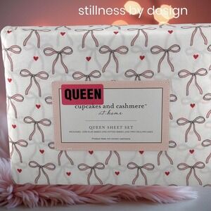 Cupcakes & Cashmere Pink Bows And Hearts QUEEN SIZE Sheet Set‎ Coquette NEW